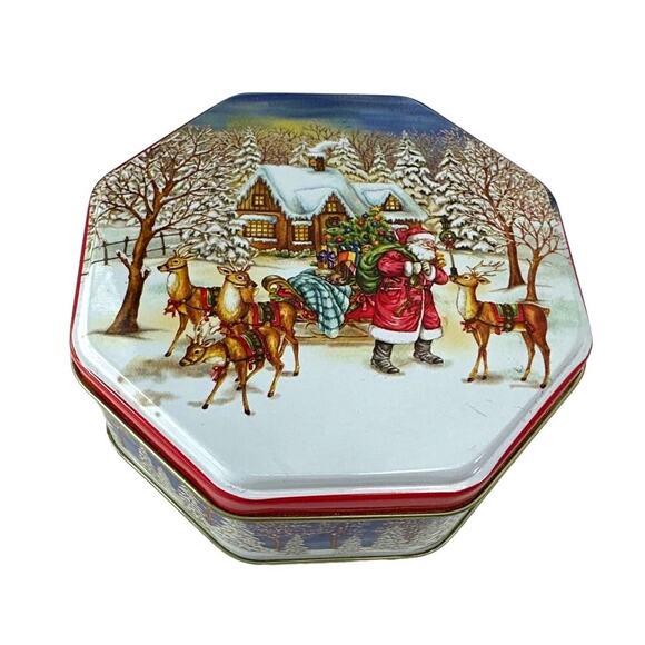 Christmas Octagon Cookie Candy Metal‎ Tin Crafts Sewing Container Gift Box Empty - Picture 1 of 9